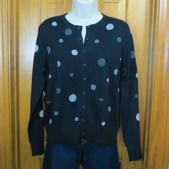 Foxcroft Black & Silver Polka Dot Cardigan Sweater Large - Picture 8 of 11